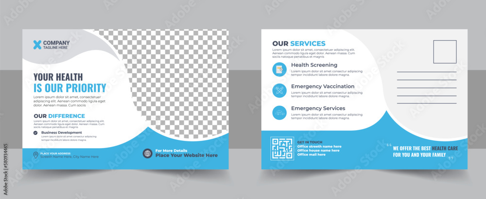 Health care, dental care medical postcard template, Minimal and creative medical postcard template design, vector medical postcard layout