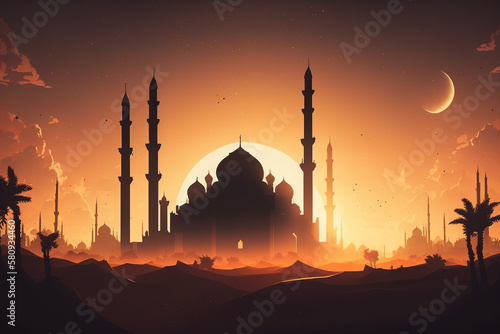 Islamic mosque silhouette, a cinematic picture. Generative AI