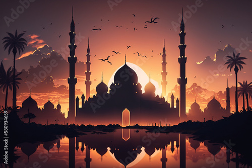 Islamic mosque silhouette, a cinematic picture. Generative AI