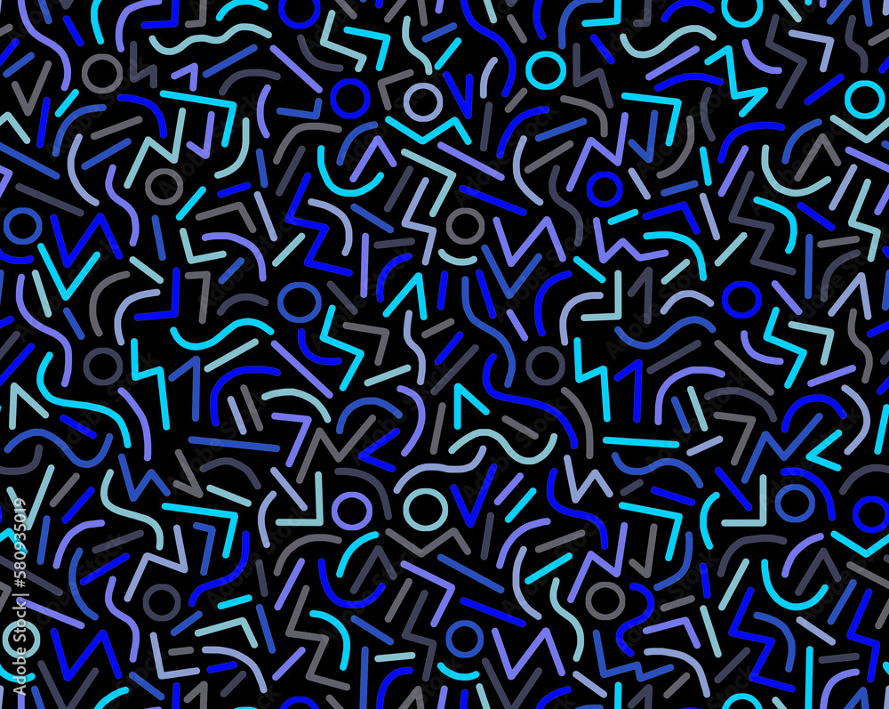 Abstract drawing of geometric shapes in blue colors on a black background, hand-drawn, seamless drawing.
