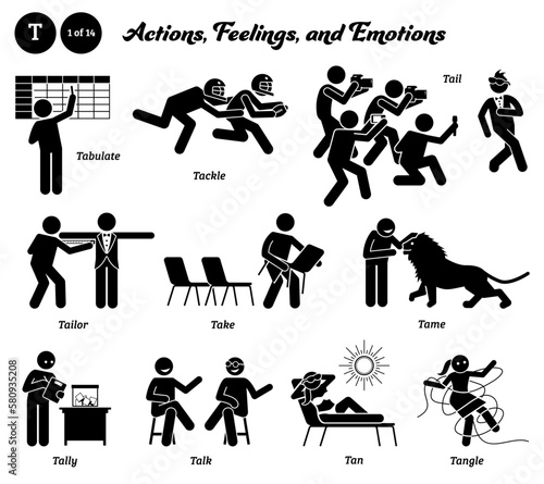 Stick figure human people man action, feelings, and emotions icons alphabet T. Tabulate, tackle, tail, tailor, take, tame, tally, talk, tan, and tangle.