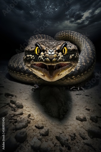 Scary Snake, aggressive, territorial, venomous, ready to attack. Photorealistic illustration. Generated by AI. photo