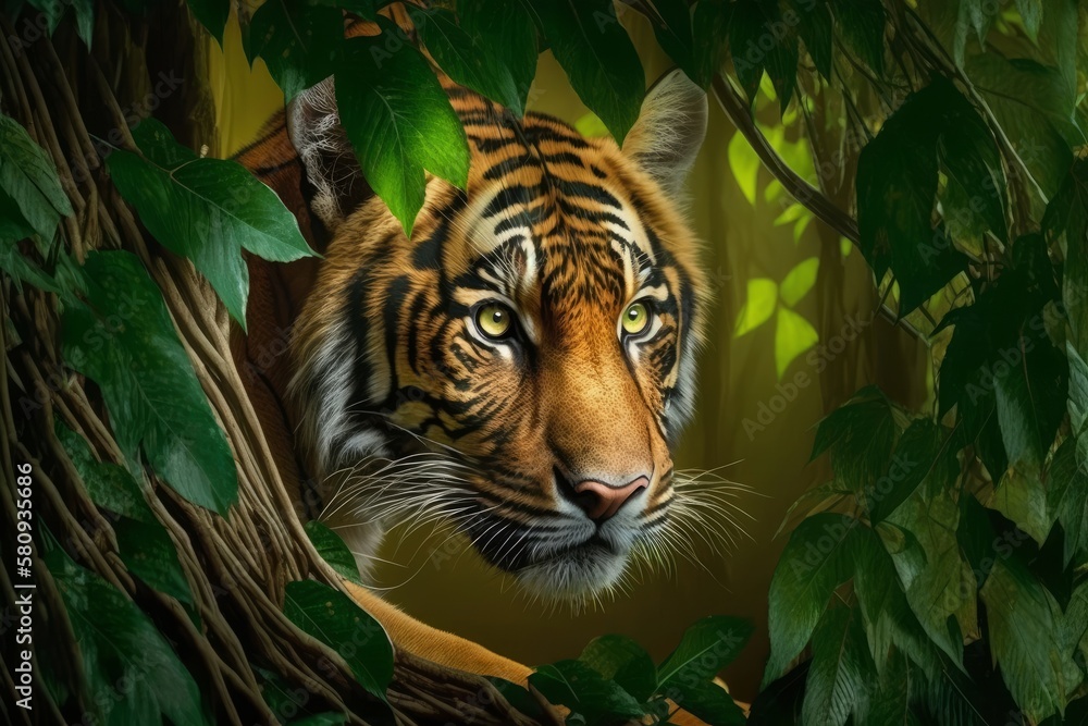 Tiger in the jungle with green leaves on the dark background. Generative AI Tiger in the jungle with green leaves on the dark background. Generative AI