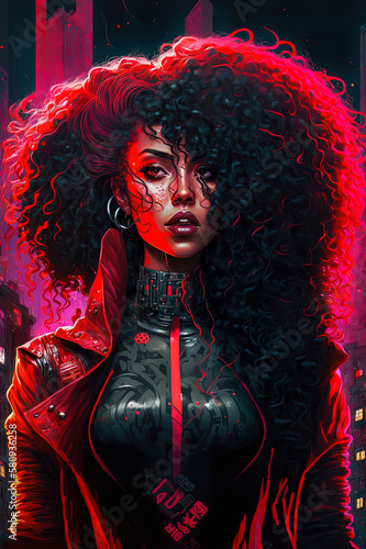 Anime afropunk woman in mutlicolored red and black latex suit with long passion curls, neon city background photo