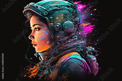 Cyberpunk astronaut female wearing a futuristic helmet illustration. Generative AI