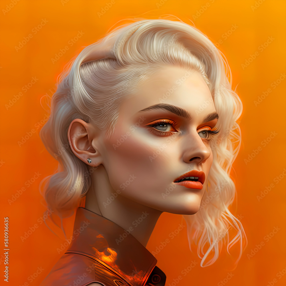 Beautiful Polish android model, with Alabaster hair, facing right, vibrant-orange background. AI-Generated Beautiful Polish android model, with Alabaster hair, facing right, vibrant-orange background. AI-Generated