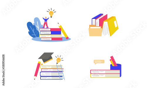 gains knowledge for success and better ideas. Education, online courses and business, distance education, online books and study guides, exam preparation, home schooling, Education vector illustration