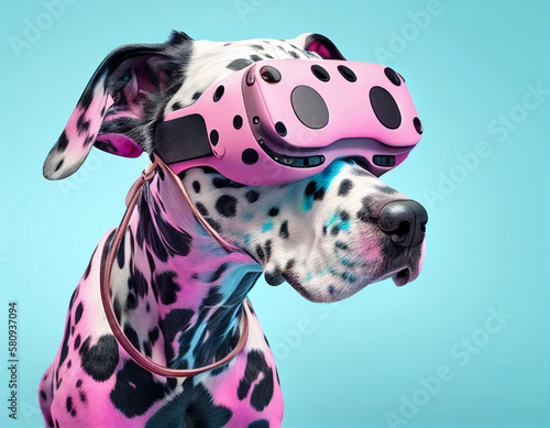 Fashionable dalmatian dog wearing VR headset in fairy kei style.