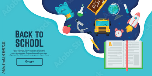 Back to school internet banner landing page isometric design template start button vector