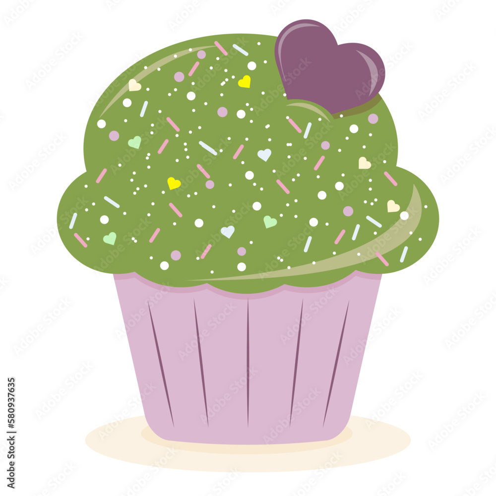 Delicious cartoon bright colorful cupcake with big cream, hearts, flowers, fruits and berries. Cupcake for cards and invitations. Vector illustration dessert. Delicious cartoon bright colorful cupcake with big cream, hearts, flowers, fruits and berries. Cupcake for cards and invitations. Vector illustration dessert.