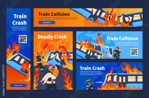 Train collision deadly crash accident catastrophe landing page advertising poster set vector