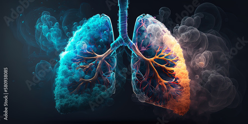 Unhealthy lungs full of smoke. Lung cancer concept. AI-Generated
