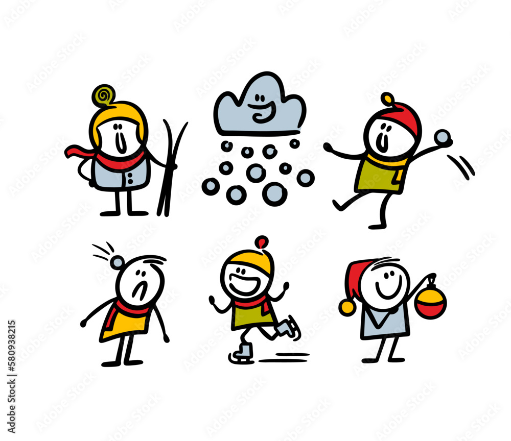 Set of cartoon winter games and doodle stickman characters in warm clothes for snow. Set of cartoon winter games and doodle stickman characters in warm clothes for snow.