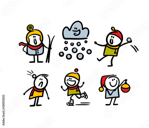 Set of cartoon winter games and doodle stickman characters in warm clothes for snow.
