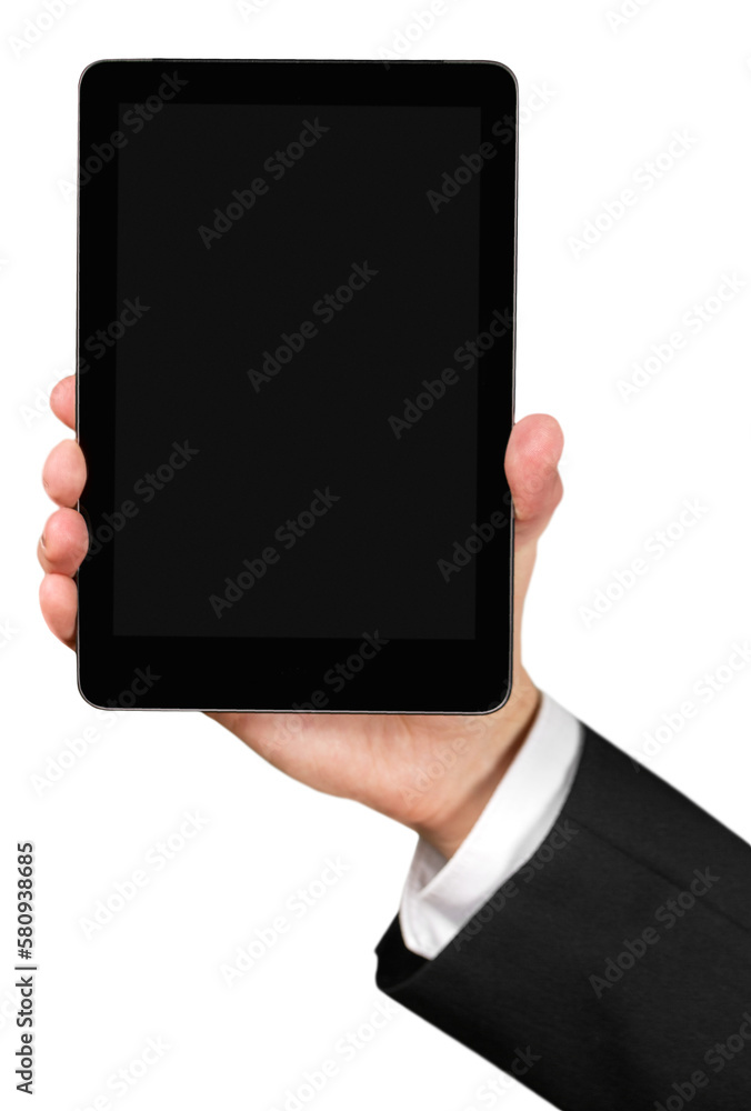 Businessman in suit holding black tablet isolated on white background Businessman in suit holding black tablet isolated on white background