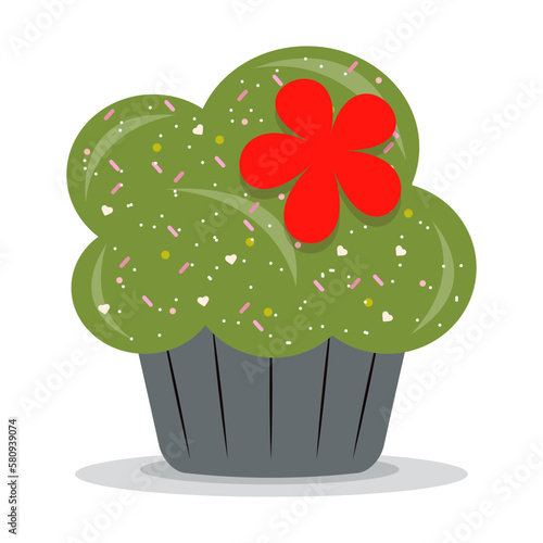 Delicious cartoon bright colorful cupcake with big cream, hearts, flowers, fruits and berries. Cupcake for cards and invitations. Vector illustration dessert.