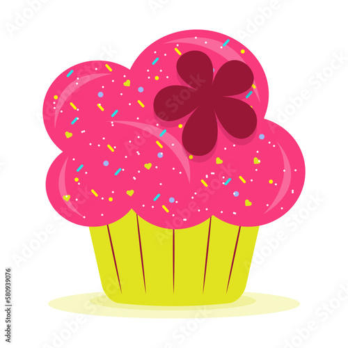 Delicious cartoon bright colorful cupcake with big cream, hearts, flowers, fruits and berries. Cupcake for cards and invitations. Vector illustration dessert.