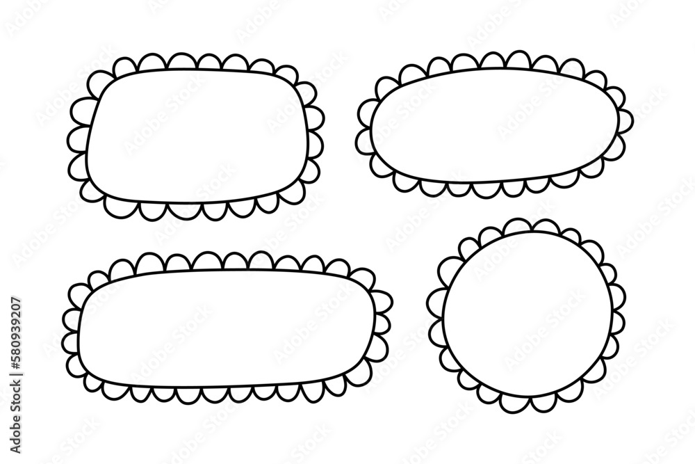 Doodle circle and square scalloped frames. Hand drawn scalloped edge rectangle and ellipse shapes. Simple label form. Flower silhouette lace frame. Vector illustration isolated on white background. Doodle circle and square scalloped frames. Hand drawn scalloped edge rectangle and ellipse shapes. Simple label form. Flower silhouette lace frame. Vector illustration isolated on white background.