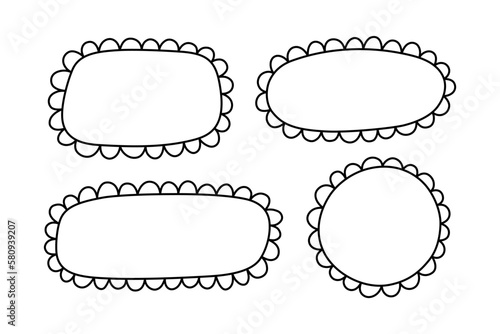 Doodle circle and square scalloped frames. Hand drawn scalloped edge rectangle and ellipse shapes. Simple label form. Flower silhouette lace frame. Vector illustration isolated on white background.