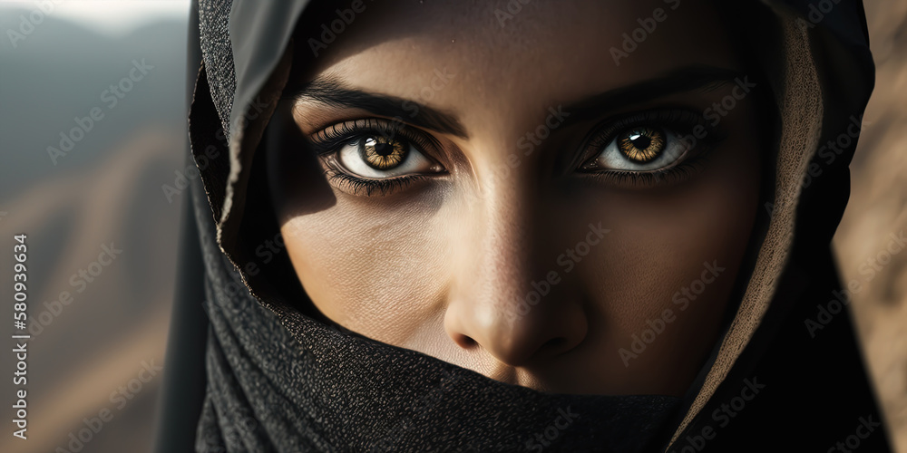 Middle Eastern woman wearing a black niqab hijab looks straight into the camera with slight sorrow. AI-Generated Middle Eastern woman wearing a black niqab hijab looks straight into the camera with slight sorrow. AI-Generated