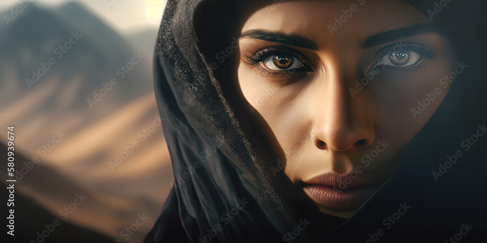 A Middle Eastern woman wearing a black niqab hijab gazes with an inquisitive and anxious expression amidst a dusty environment and bokeh mountains. AI-Generated A Middle Eastern woman wearing a black niqab hijab gazes with an inquisitive and anxious expression amidst a dusty environment and bokeh mountains. AI-Generated