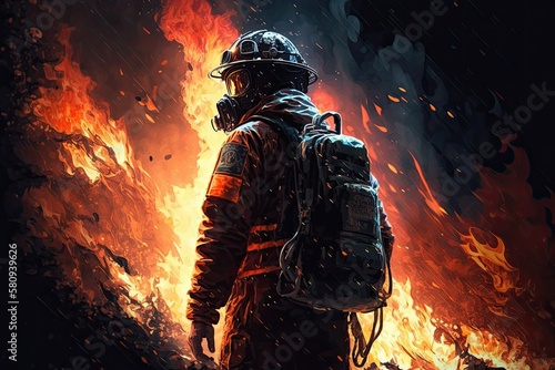 The firefighter and a large fire. Generative AI