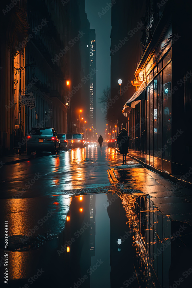 new York city street at night, wet street. AI-Generated