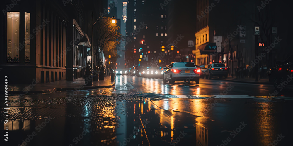 new York city street at night, wet street. AI-Generated