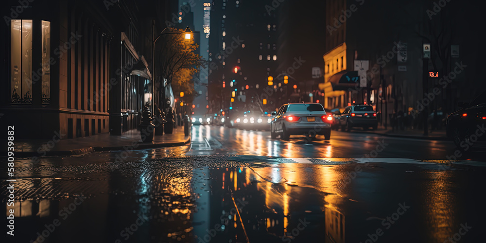 new York city street at night, wet street. AI-Generated new York city street at night, wet street. AI-Generated