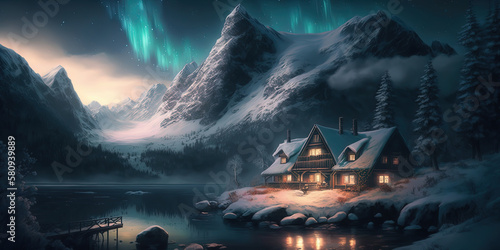 fantastical fantasy northern lights, beautiful winter scene. AI-Generated