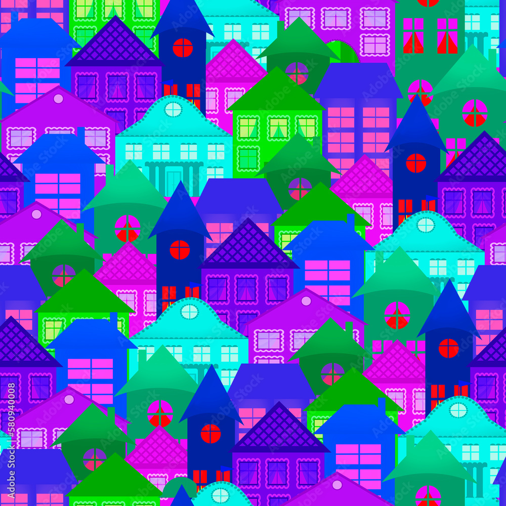 Seamless pattern with painted houses in shades of blue and purple.