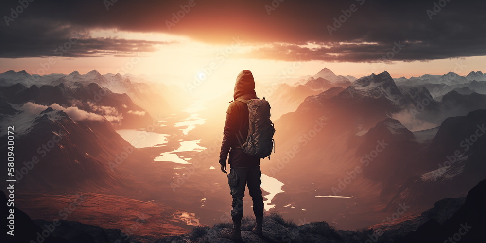 Hiker standing on top of mountain peak looking at view created with Generative AI Hiker standing on top of mountain peak looking at view created with Generative AI