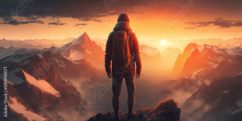 Hiker standing on top of mountain peak looking at view created with Generative AI