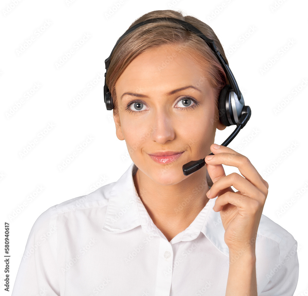 Close-up portrait of Young businesswoman in headset isolated on white background Close-up portrait of Young businesswoman in headset isolated on white background