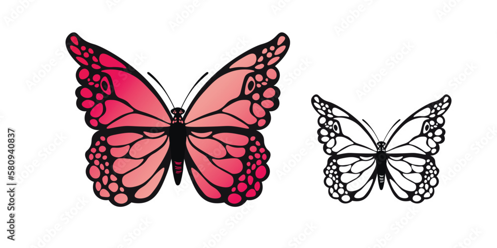 Obraz premium Funny colorful butterfly. Color flat vector set of detailed butterflies. Cute characters. Card, postcards for kids. Silhouette icon