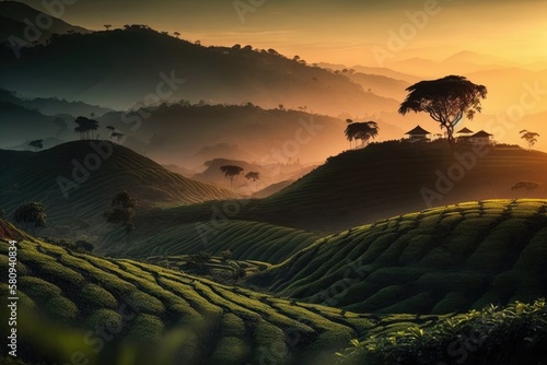 Tea plantation at sunrise in Malaysia's Cameron Highlands. Generative AI