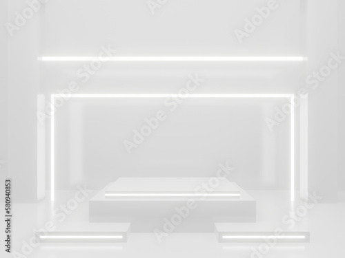 3D White Sci-Fi product display mockup. Scientific background with white neon lights.