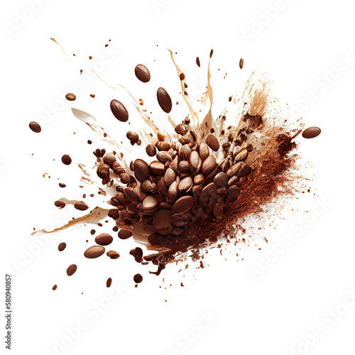 a dynamic coffee bean explosion splash on transparent background