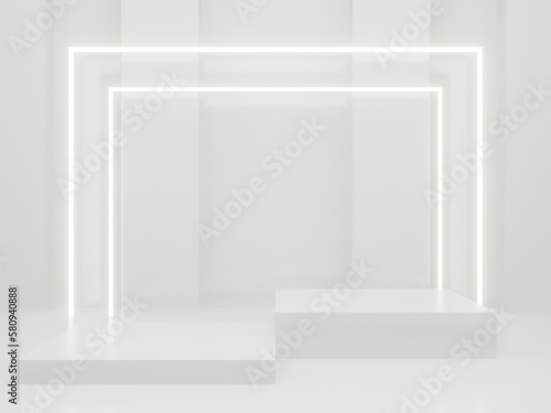 3D White Sci-Fi product display mockup. Scientific background with white neon lights.