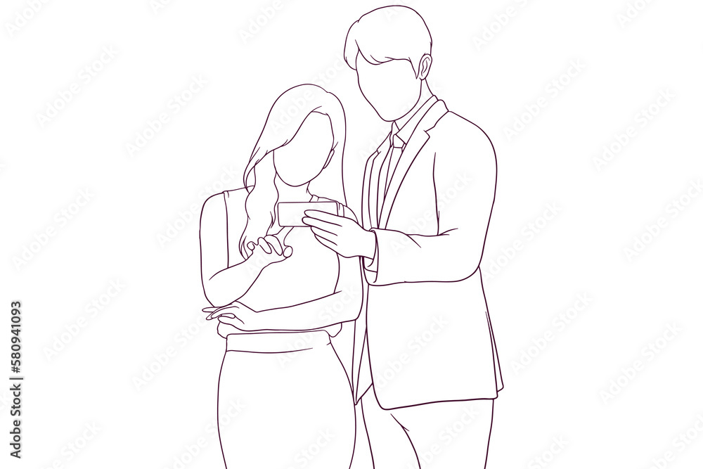 Young businesswoman and businessman standing together hand drawn vector illustration