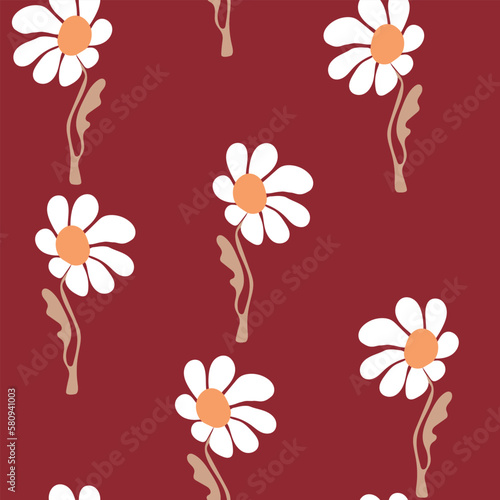 Seamless floral pattern based on traditional folk art ornaments. Colorful chamomile, daisy flowers on color background. Scandinavian style. Vector illustration. Simple minimalistic pattern