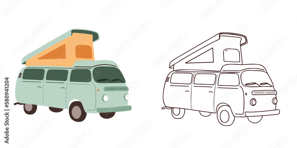 Set of vans, summer house on wheels, mobile car for traveling, camping, outdoor recreation. Flat and doodle vector illustration
