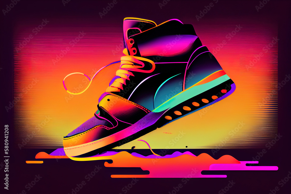 an illustration of a sneaker in synthwave, vaporwave style
