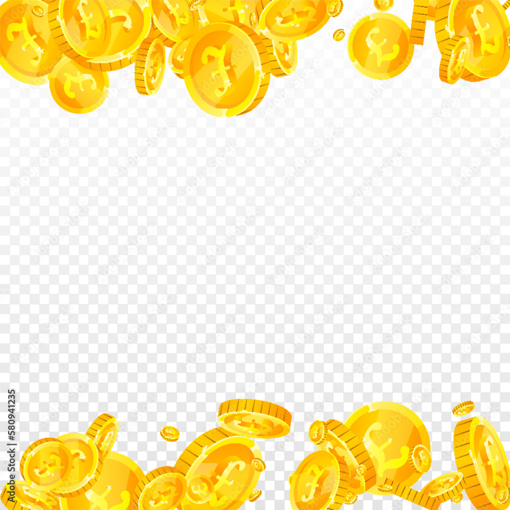 British pound coins falling. Scattered gold GBP British pound coins falling. Scattered gold GBP