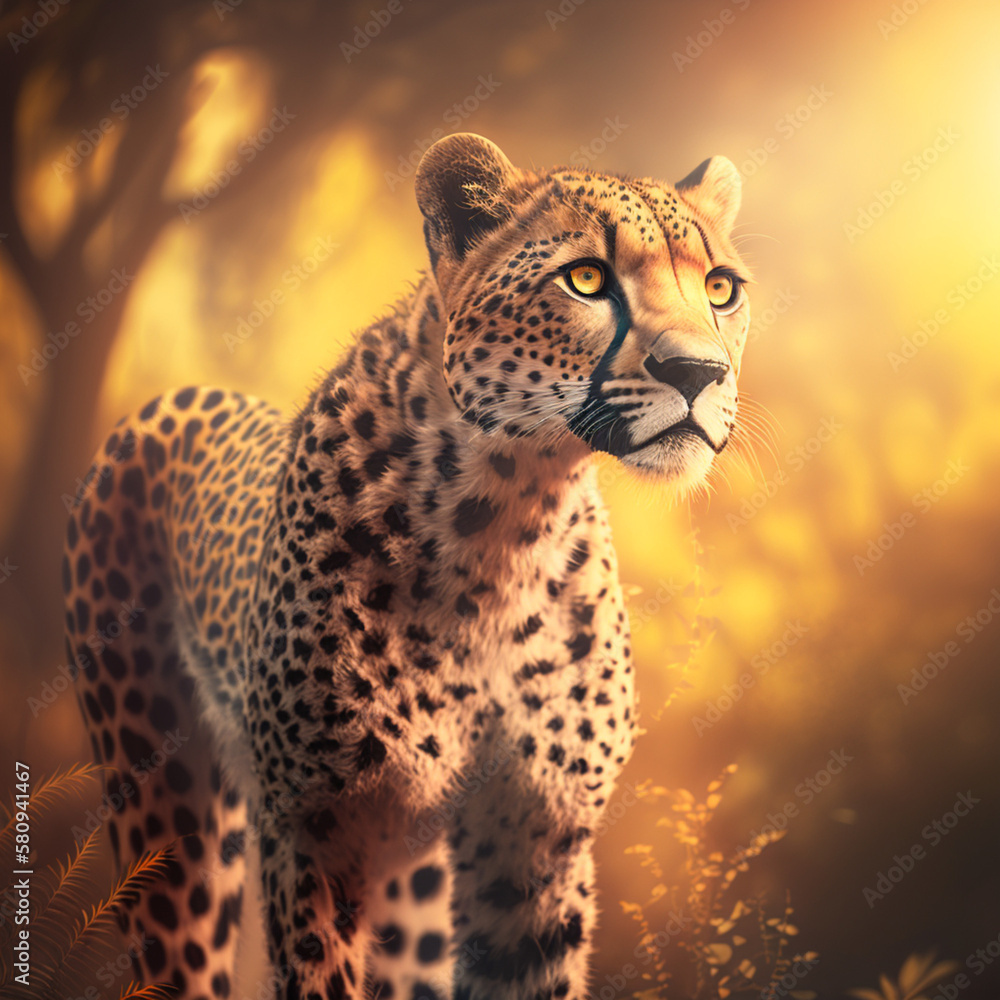 hunting cheetah gazing through the jungle
