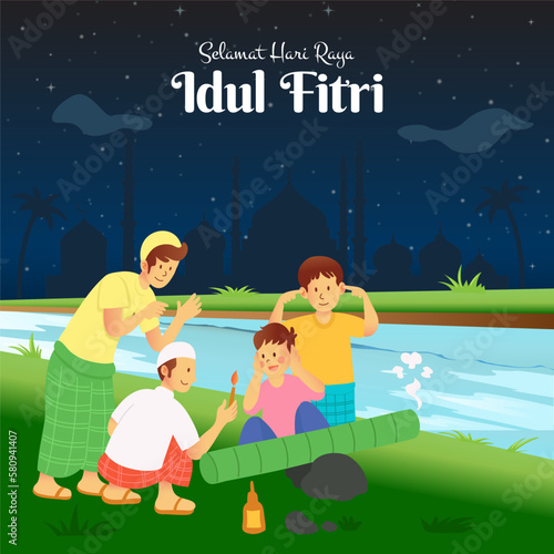 Selamat hari raya Idul Fitri, translation: happy eid mubarak. Children Playing Meriam bambu, traditional cannon made of bamboo wood at riverside to welcoming the month of ramadan in Indonesia