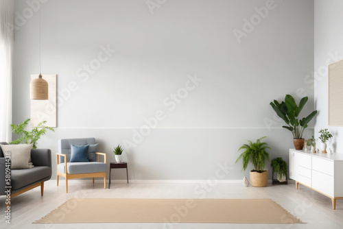 Living room interior wall mockup in warm tones with beige linen sofa, dried Pampas grass, woven table decoration on empty wall background. 3D rendering, illustration. Generative AI