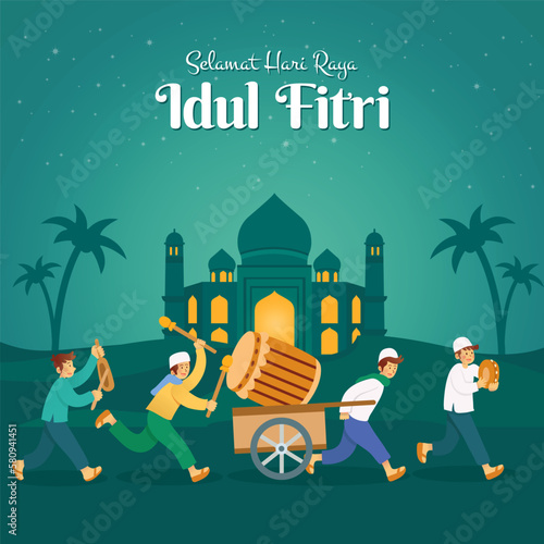 Selamat hari raya Idul Fitri, translation: happy eid mubarak with a group of youngster parading a big wooden drum to to celebrate eid mubarak in the night