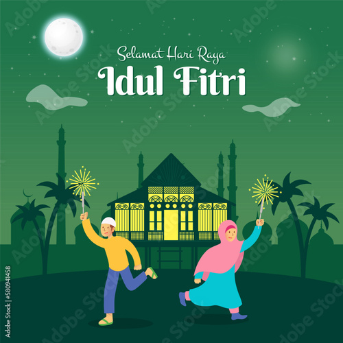 Selamat hari raya Idul Fitri is another language of happy eid mubarak in Indonesian. kids in muslim clothes jumping and playing with firecracker celebrating eid mubarak in the village