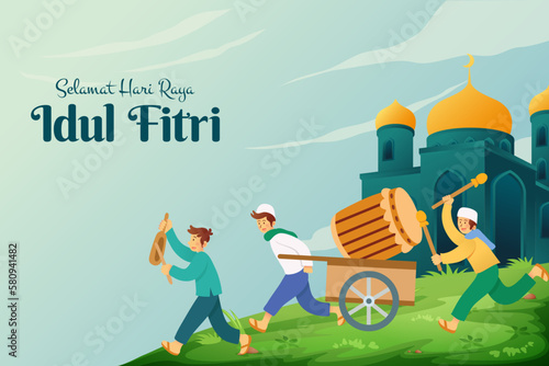 elamat hari raya Idul Fitri, translation: happy eid mubarak with a group of youngster parading a big wooden drum to to celebrate eid mubarak in the night